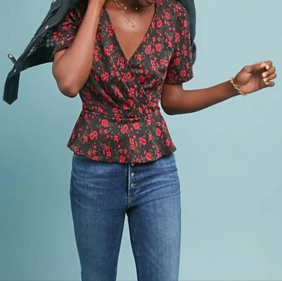 Anthropologie Meadow Rue Black Red Floral Peplum Faux Wrap Top - Picture 13 of 14